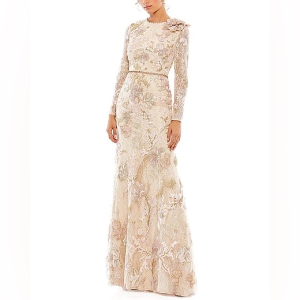 Designer Mother of the bride/groom- Mac Duggal floral embroidered lace gown.